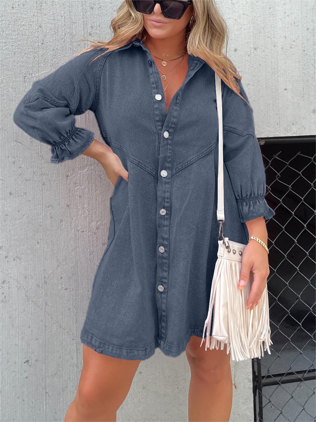 Washed Denim Dress with Puff Sleeves