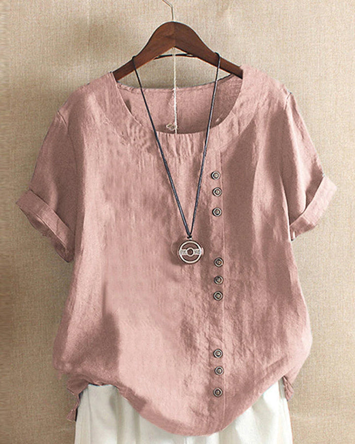 Solid Color Short Sleeve Blouse with Round Neckline