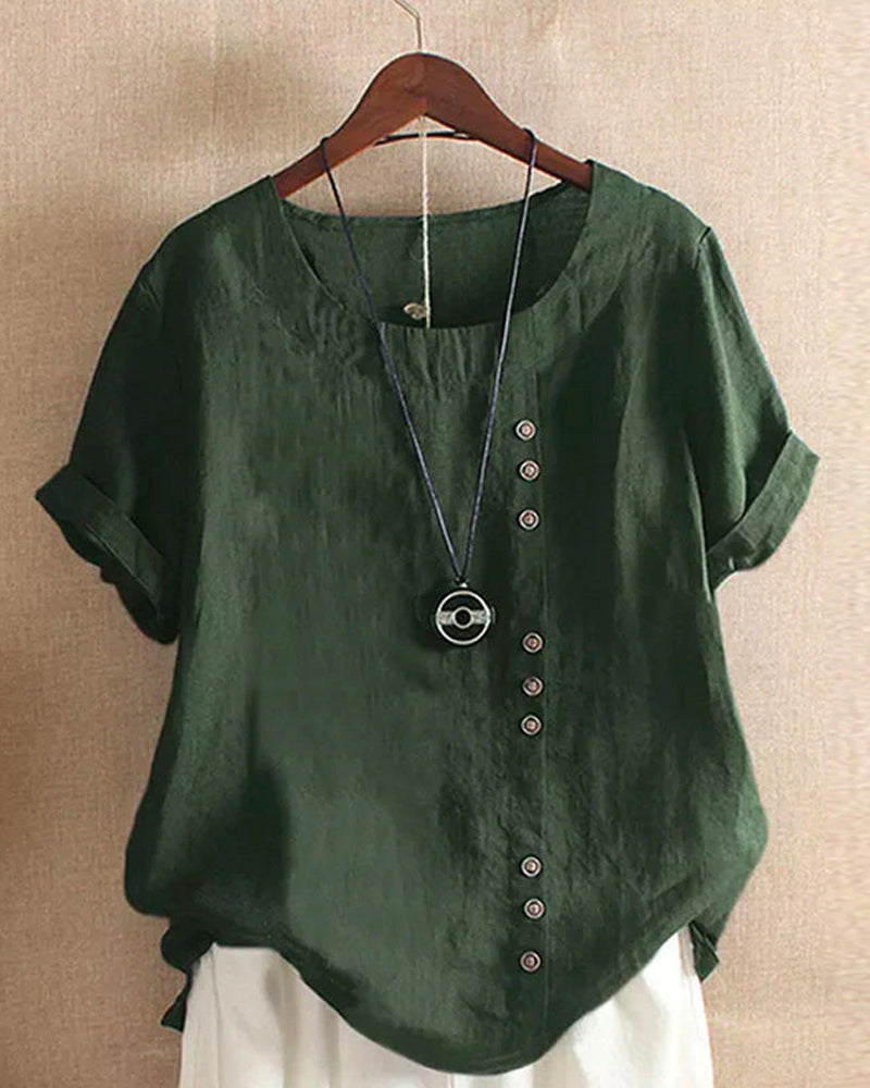 Solid Color Short Sleeve Blouse with Round Neckline