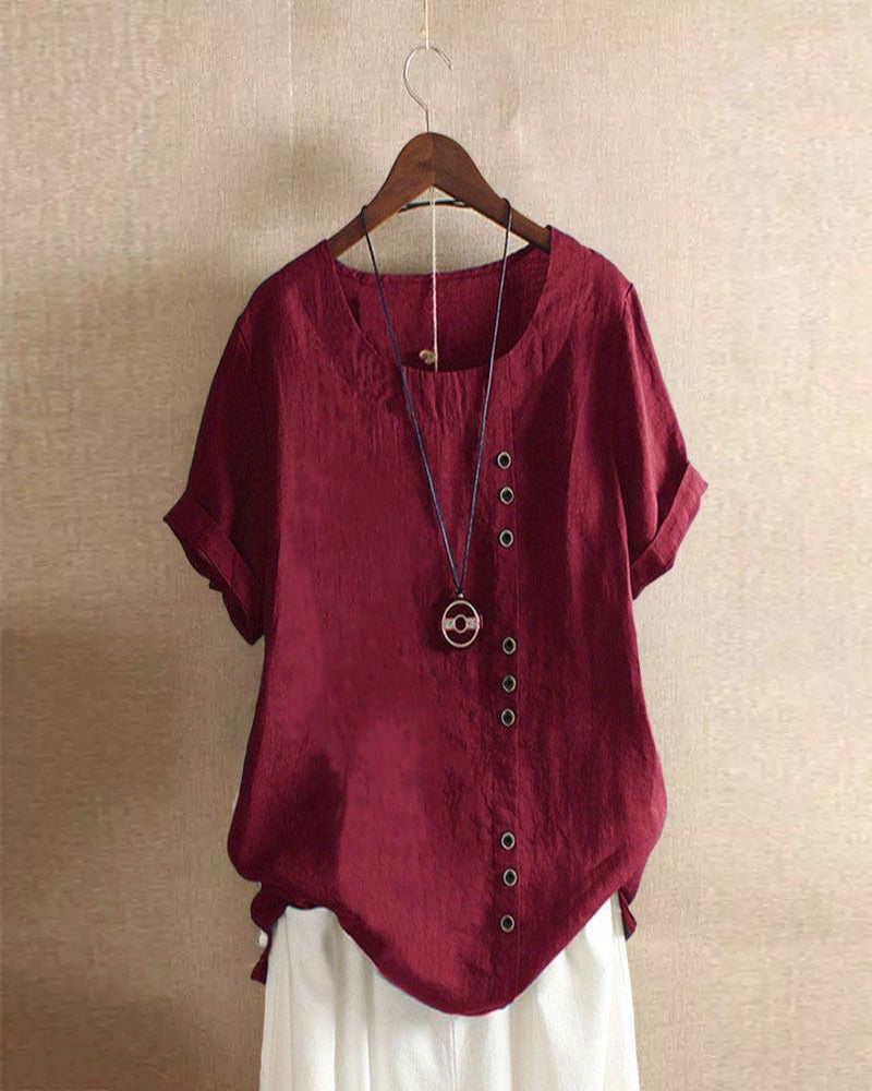 Solid Color Short Sleeve Blouse with Round Neckline