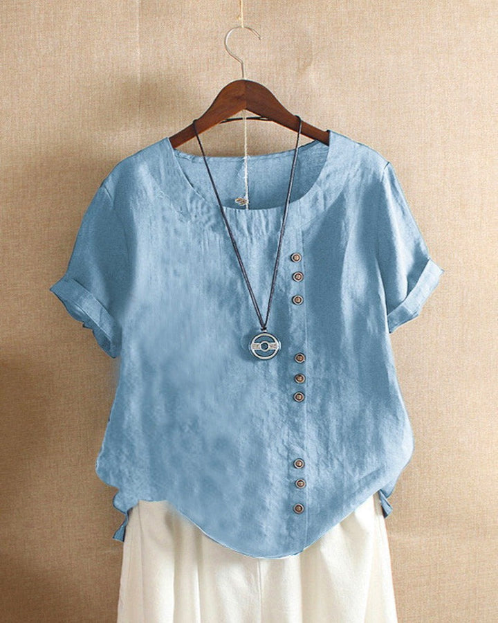 Solid Color Short Sleeve Blouse with Round Neckline