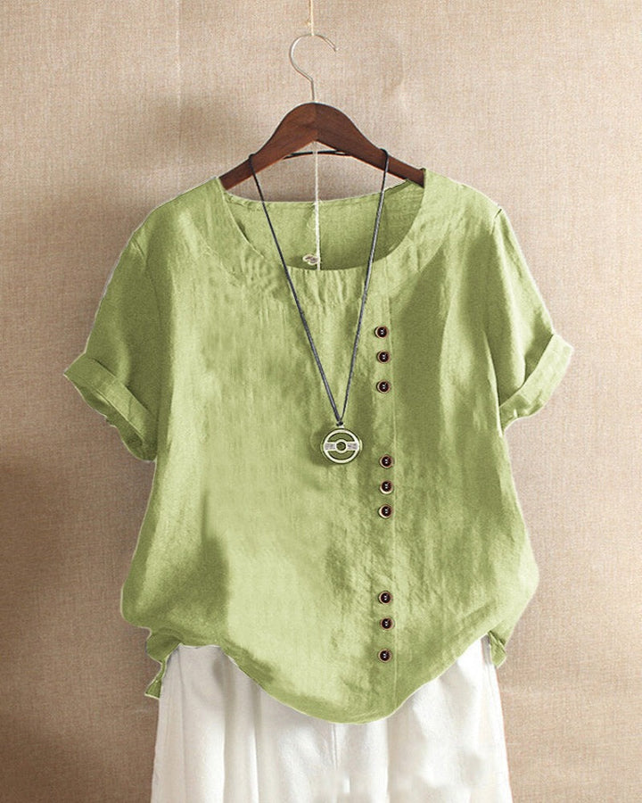 Solid Color Short Sleeve Blouse with Round Neckline