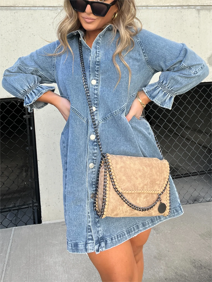 Washed Denim Dress with Puff Sleeves